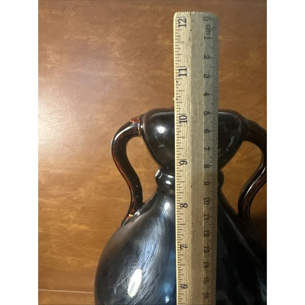 Italian Majolica Style Amphora Vase Art Pottery Black Hints Of Red On Handles